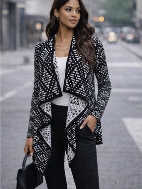 Bar III Black & White Draped Open-Front Geometric Knit Cardigan | Medium